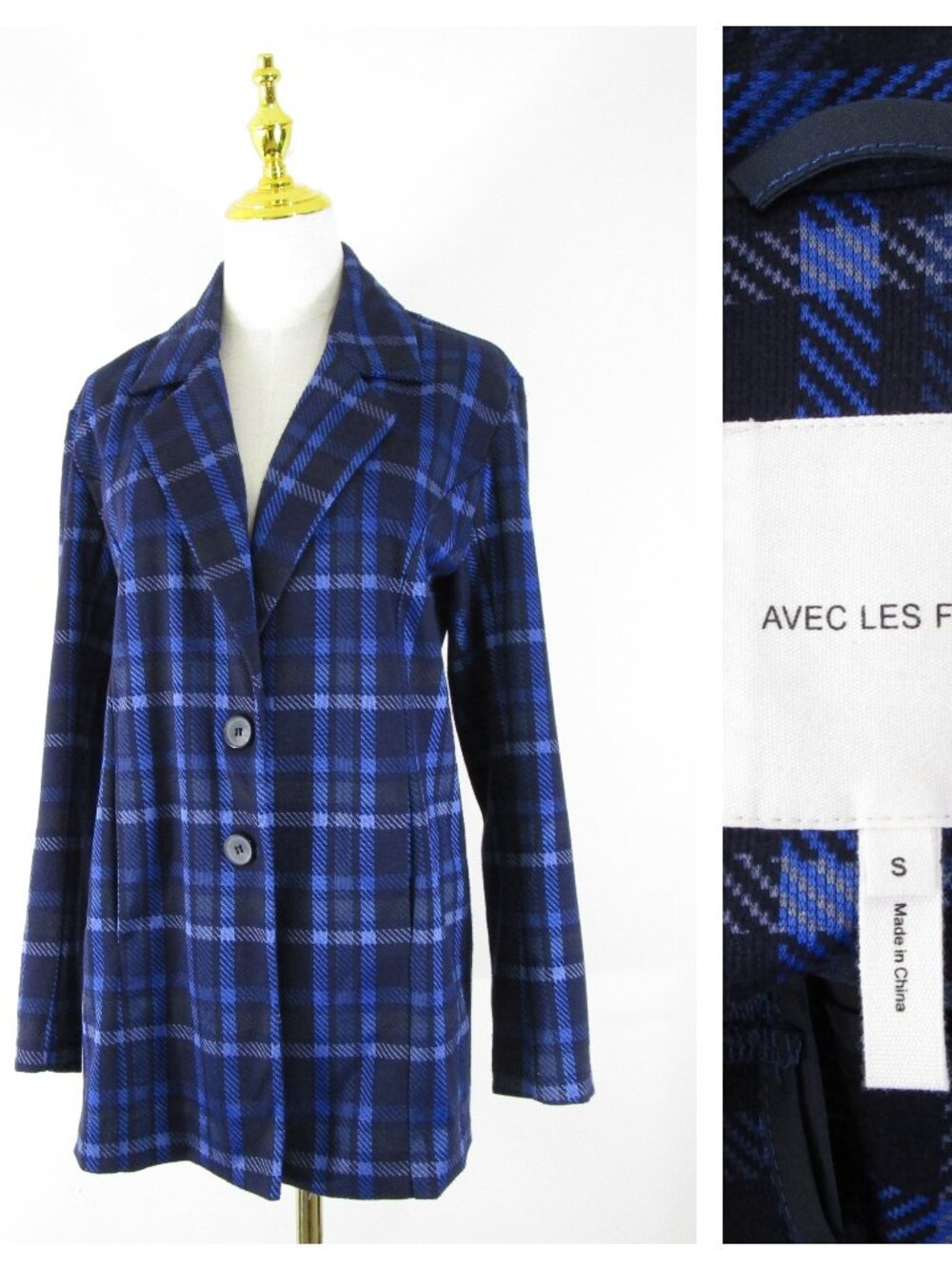 Anthropologie Avec Les Filles Blue Navy Plaid Blazer Jacket Size S Formal Career